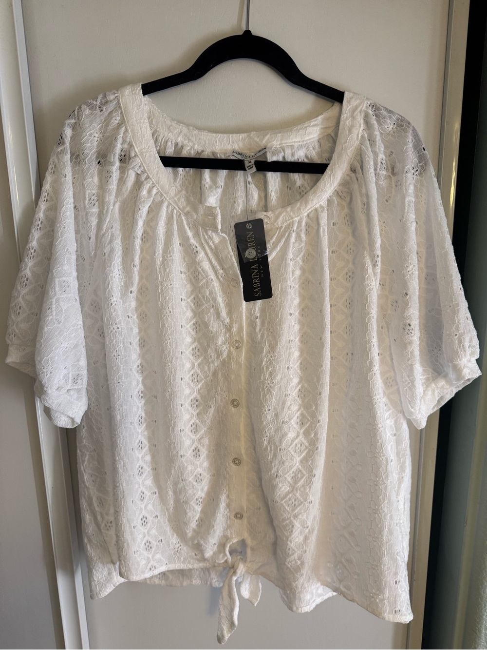Sabrina Dawn White Eyelet Button-Front Blouse with Tie Hem